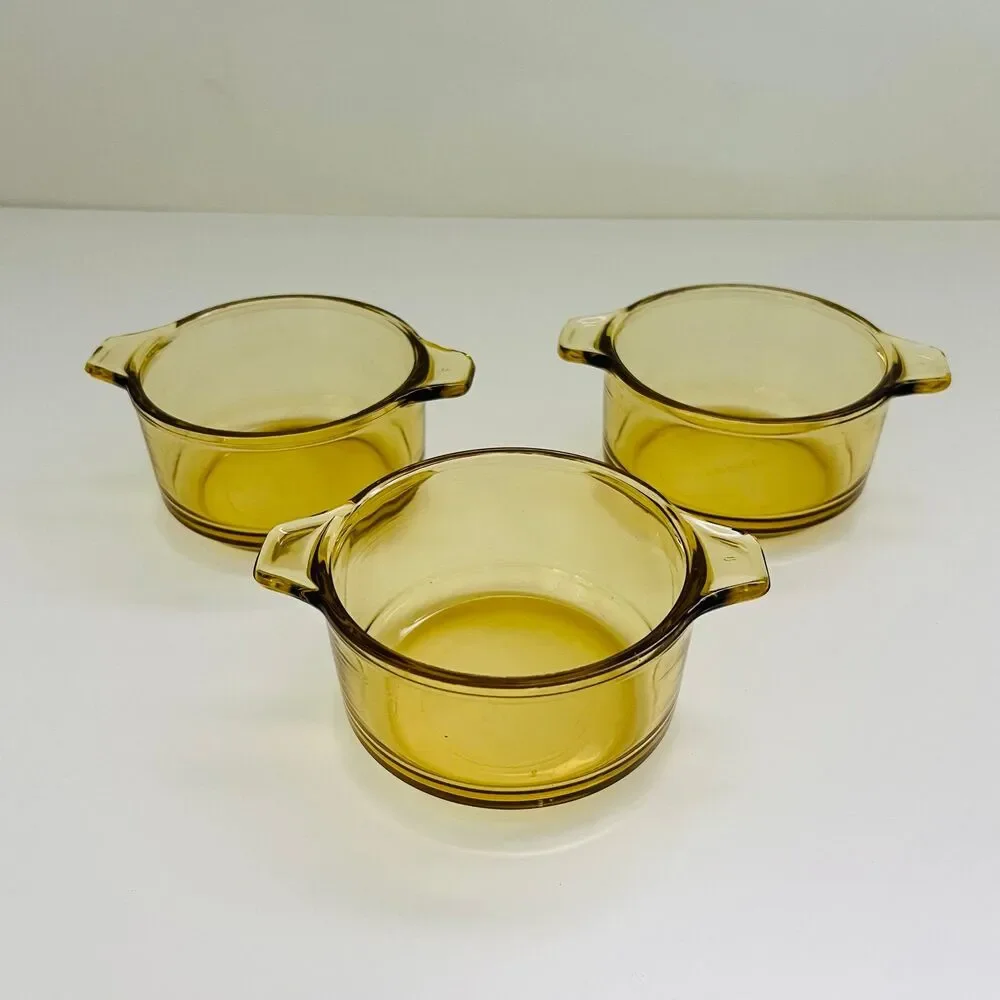 DYNAWARE PYR-O-REY Amber Yellow Glass Small Casserole Dishes With Lids, Set of 3